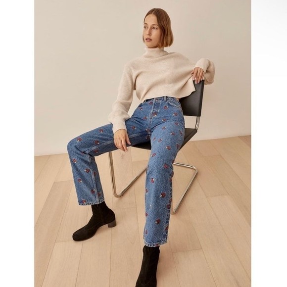 Reformation Mushroom Embroidered High Rise Straight Jeans Size 23 - Picture 5 of 11